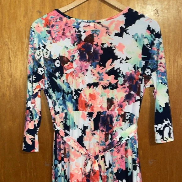 •PINK BLUSH•COLORFUL FLORAL V NECK 3/4 SLEEVE TRUE MAXI DRESS WITH SASH SIZE XL - Picture 8 of 10